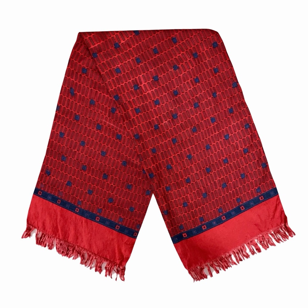 Vintage Red Silk Scarf Geometric Print Fringe Japan Retro Boho Chic Classic